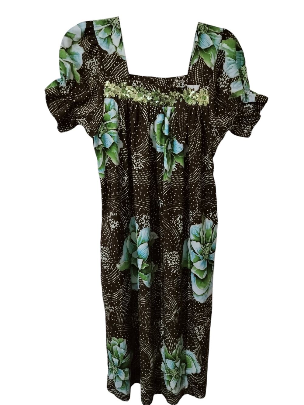 5828) Polynesian Brown Green Floral Resort Short Puff Sleeve Muumuu Dress Small?